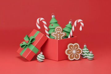 3d render of a decorative holiday gift box filled with seasonal sweets, cookies, and treats, perfect for christmas marketing and festive concepts