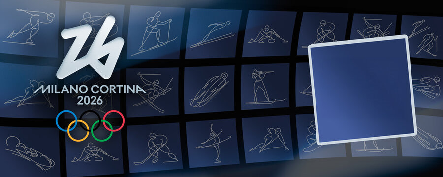 MILAN, ITALY, DECEMBER 12, 2025 Graphic design showing the official Milano Cortina 2026 Winter Olympics logo and pictograms on a blue background with an empty square frame ready for digital mockups