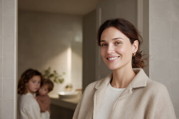 A warm, candid photograph of a smiling woman in a beige sweater, with soft lighting highlighting her joy. In the background, two children are present, adding to the family atmosphere.