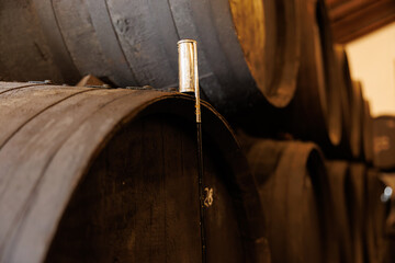 Venencia tool resting on aging sherry barrel