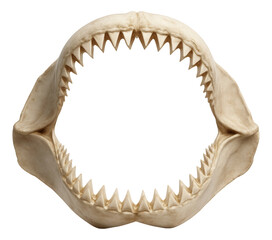 Great white shark jaw featuring serrated triangular teeth.