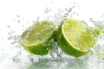 A vibrant, high-resolution image of split limes splashing in water, showcasing a refreshing and dynamic scene. Ideal for food and beverage themes.