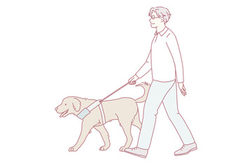 Blind man walk outdoor with guide dog assistance. Professional trained pet puppy help disabled impaired guy on streets. Visual impairment concept. Service animal and people. Vector illustration.