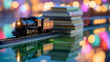 Toy train chugs by books under soft, festive bokeh lighting