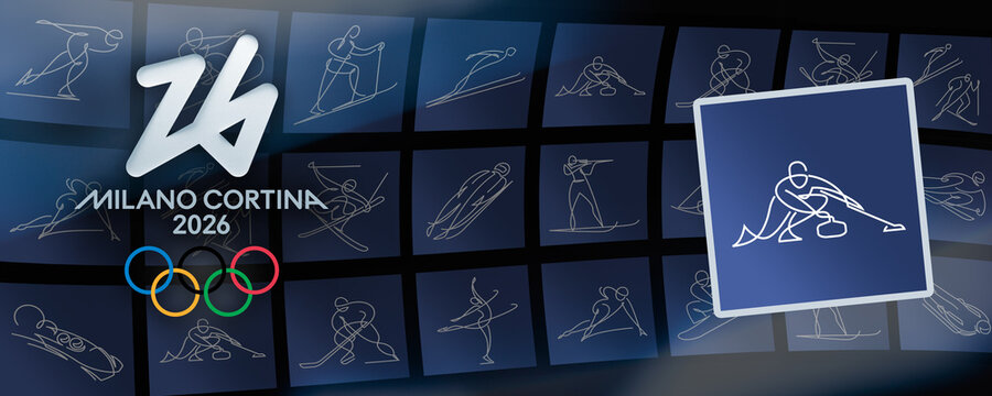 MILAN, ITALY, DECEMBER 12, 2025. The official Curling pictogram is displayed on a blue card in front of the branding logo and sports icons for the upcoming Milano Cortina 2026 Winter Olympic Games.