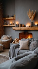 Obraz premium Modern living room with a fireplace and large windows overlooking a green landscape at sunset