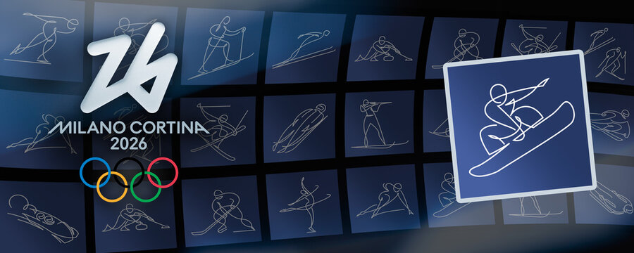 MILAN, ITALY, DECEMBER 12, 2025. The official Snowboard pictogram displayed on a blue square tile in front of the Milano Cortina 2026 Winter Olympic Games branding background and logo identity