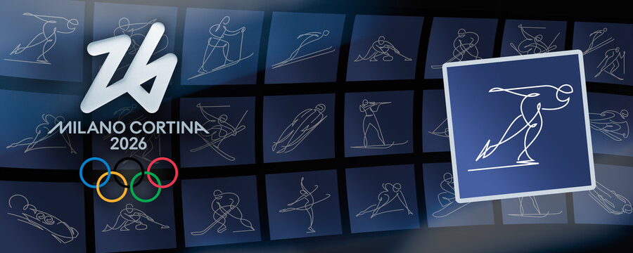 MILAN, ITALY, DECEMBER 12, 2025. The official Speed Skating pictogram is displayed on a blue square tile in front of the Milano Cortina 2026 Winter Olympic Games branding background and logo identity