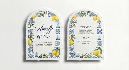 Amalfi Coast wedding invitation suite in an arch shape. Watercolor design with lemons, olives, blue tiles, and sailboats for a destination wedding.