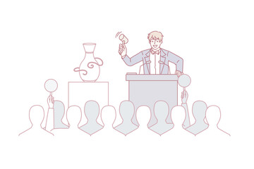 Male seller with gavel sell sculpture on auction to audience. Man auctioneer lead public buying event, people buyers raise hands make bids. Art gallery and antique concept. Vector illustration.