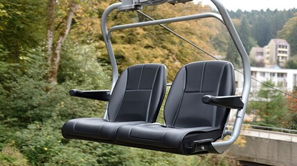 View of empty ski lift chairs on a wooden platform surrounded by colorful autumn trees in the mountains