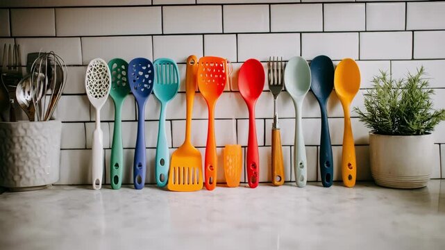 Medium shot of a stylist arranging colorful kitchen utensils on a clean countertop with natural light enhancing the vibrant setup.