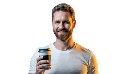 Man Holding Takeaway Coffee Cup and Smiling, Cheerful Lifestyle Morning Moment Isolated Cutout