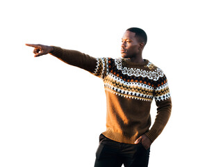 Man Wearing Nordic-Pattern Sweater Pointing Sideways, Casual Winter Style Gesture Isolated Cutout