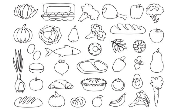 Hand drawn food icons collection with fruits vegetables and bakery on transparent background silhouette