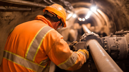 Focused tunnel worker in safety gear inspecting pipeline within a tunnel. Underground infrastructure maintenance demands expertise & meticulous checks in construction sites.