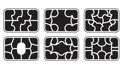 Abstract puzzle piece designs in black and white on transparent background silhouette