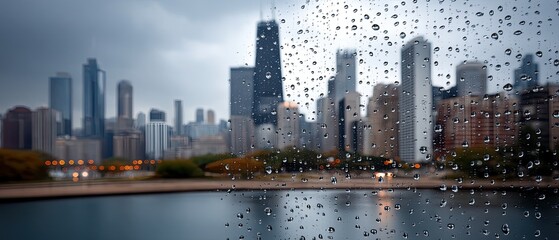Rain droplets on glass with city skyline in the background during a cloudy day