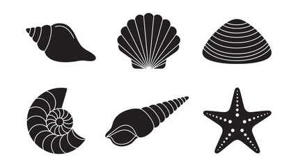 Black seashell collection with various shapes on transparent background silhouette