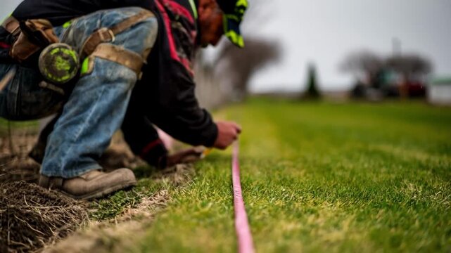 Closeup of professional marking precise boundary points with measuring tape and flags along rural property edge.