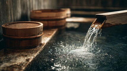 Traditional Japanese onsen with flowing water into a stone tub