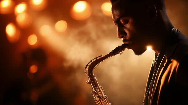 Captivating saxophone performance illuminated by warm lights, showcasing a talented musician immersed in the soulful melodies, creating an unforgettable moment of jazz music artistry.