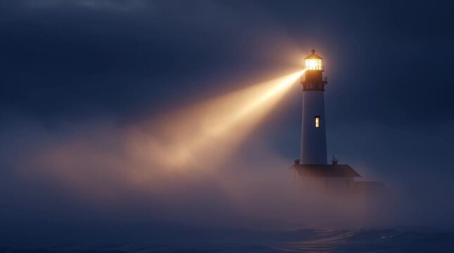 Lighthouse beam cutting through thick fog at night, guiding light
