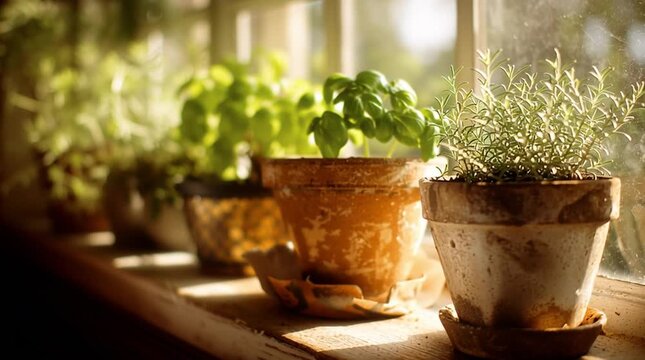 Row of potted herbs, including rosemary and basil, on a sunny windowsill