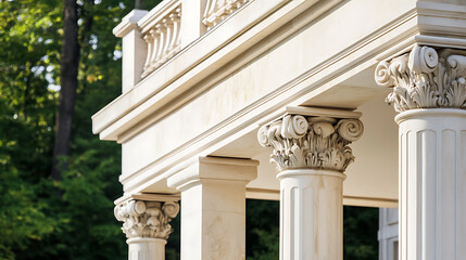 Fototapeta premium Close-up of elegant architectural detail of a stone structure with ornate columns. The stone pillars feature intricate scrollwork capitals against a backdrop of lush green trees.