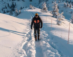 Adventurous Person Hiking Solo Along a Snow-Covered Mountain Trail Amid Winter Wilderness