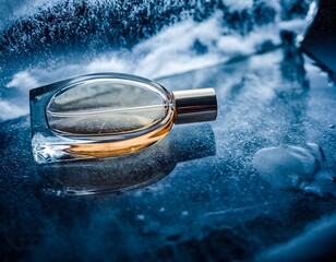 Elegant Perfume Bottle Mockup Placed on Icy Stone Surface with Cool Reflections and Frosty Minimal Aesthetic