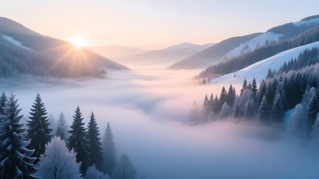 Soft pastel sunrise over foggy snowy valley - Powered by Adobe