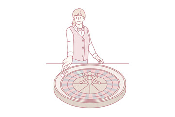 Smiling female croupier spin roulette work in casino. Happy woman stick whirl wheel in gaming house. Gambling and risky games. Entertainment and amusement. Vector illustration.