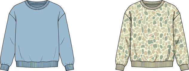 Two long sleeve crew neck sweaters one solid light blue one camouflage pattern sweatshirt apparel