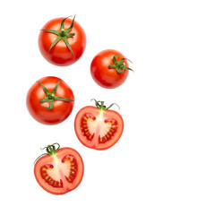 Fresh tomatoes and halved tomatoes with green stems isolated on a transparent background red tomatoes