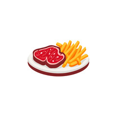 Simple cartoon illustration of steak and french fries on a plate