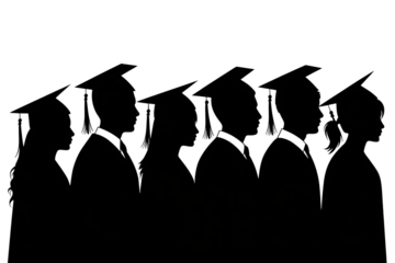 Diverse graduates, in caps and gowns standing in a line, cutout, PNG isolated on transparent background