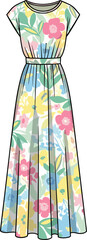 Full length dress with cap sleeves and floral pattern fabric textile
