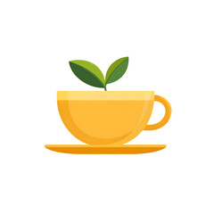 Simple yellow teacup with fresh green leaves illustration