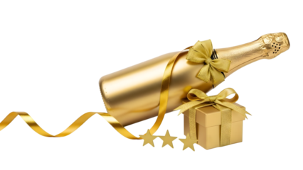Gold champagne bottle with gift box and stars isolated on a transparent background