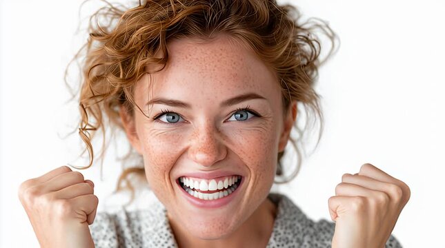 Fr&ouml;hliche junge Frau mit nat&uuml;rlichem L&auml;cheln und Sommersprossen vor wei&szlig;em Hintergrund - Gewinn