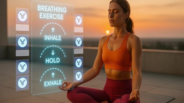 woman performs guided breathing exercises using holographic interface. visualizes respiratory patterns. meditative practice, meditation with hologram. woman does breathing exercises using hologram