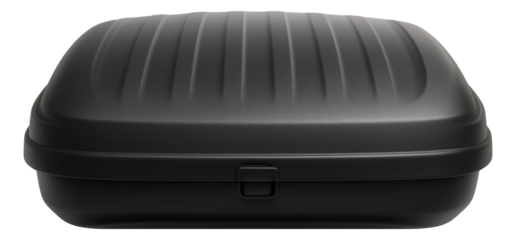 Compact roof cargo box featuring a ribbed top and rear hinge design.