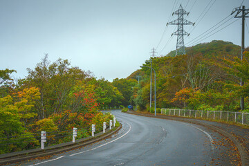 Muroran, Hokkaido, Japan - Oct 4 2024, panoramic view of a country paved road passing through forests and fields, without cars and without people, in cloudy weather, at daytime, Muroran, Japan