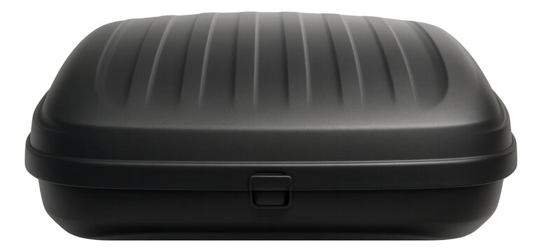 Compact roof cargo box featuring a ribbed top and rear hinge design.