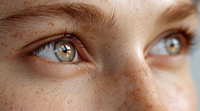 Nahaufnahme weiblicher Augen mit Sommersprossen und nat&uuml;rlichem Blick