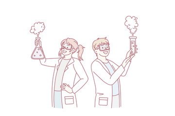 Happy kids in medical uniform do science experiments at chemistry class at school. Smiling children have fun experiment in laboratory dream to be scientists. Education concept. Vector illustration.