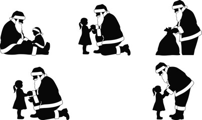 Santa Claus interacting with children in various poses black silhouette girl black and white