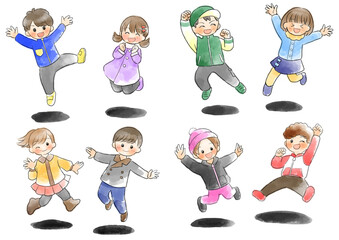 冬服の子供達がジャンプしているイラスト　手描き　水彩風