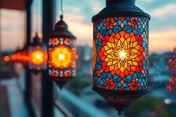 Row of illuminated ornate lanterns hangs against a soft sunset cityscape background